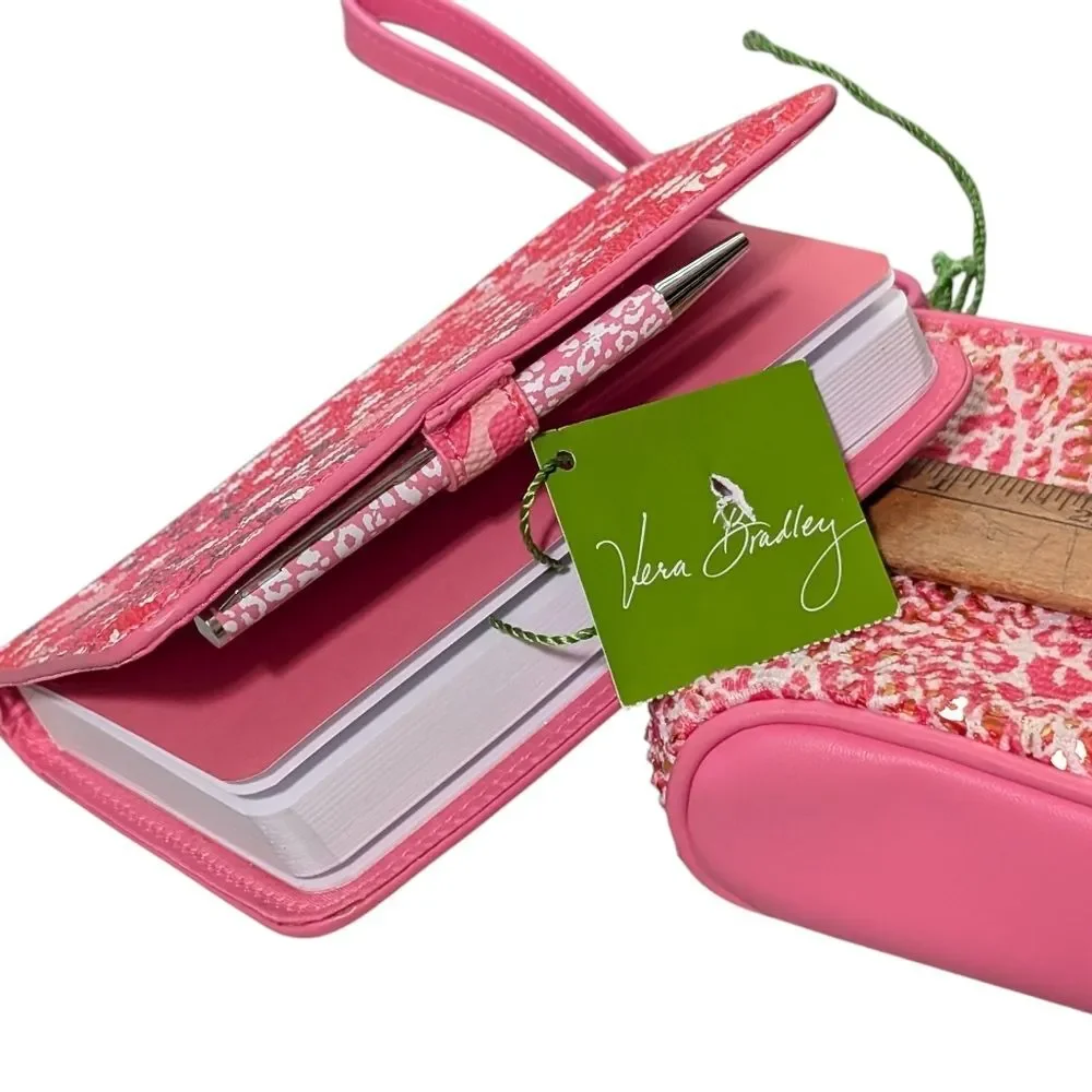Vera Bradley Mesh Sequin Camocat Pink Wristlet cosmetic bag blooms notebook pen